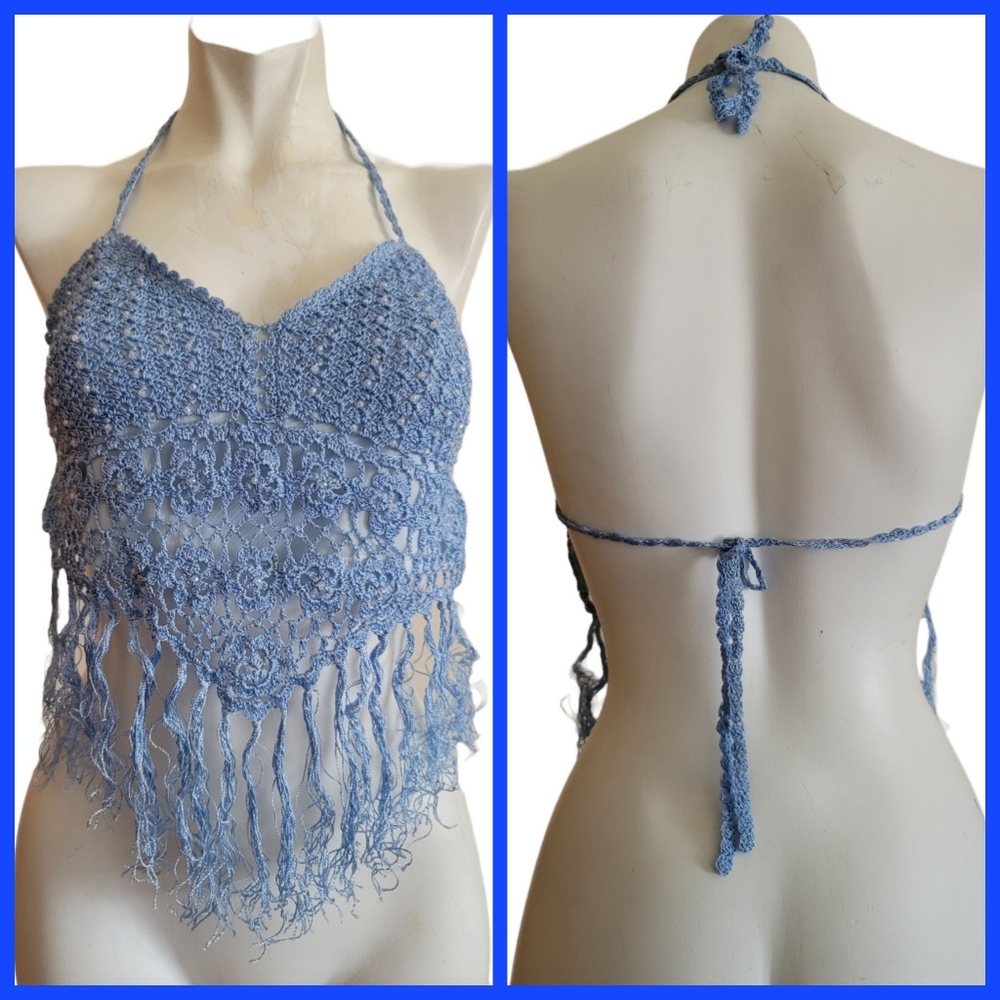 Crochet Summer/Beach  Blue Top with Fringe Hem and  Beads